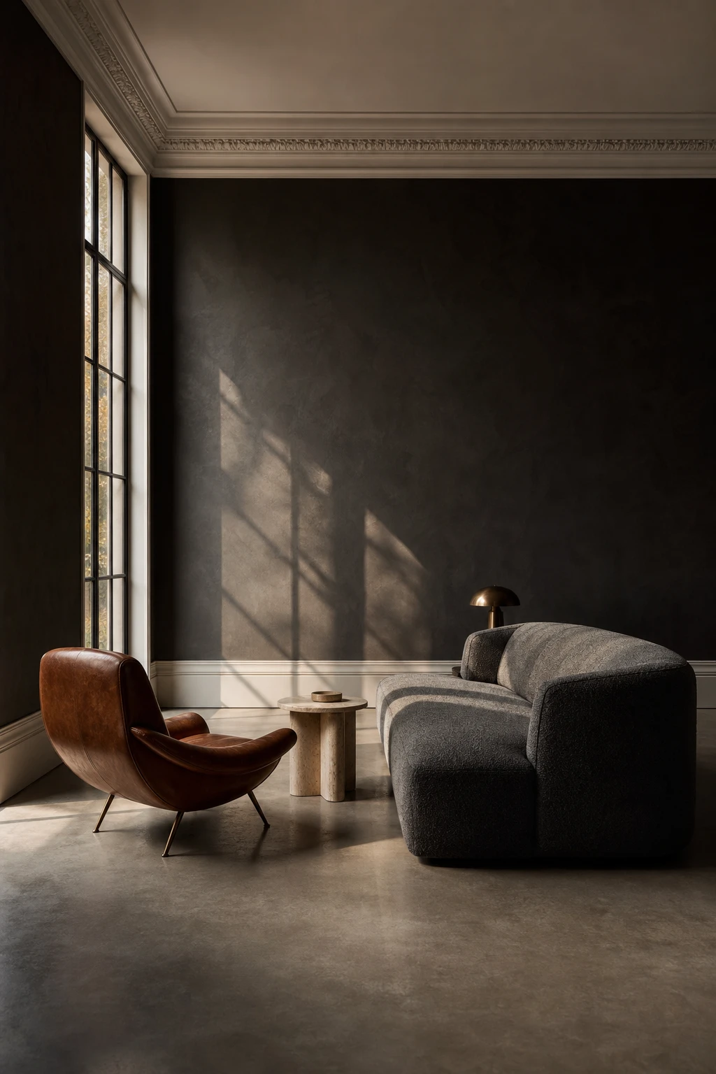Moody minimal living room with dark walls, three sculptural furniture pieces, warm white trim, and raking afternoon light across a concrete floor