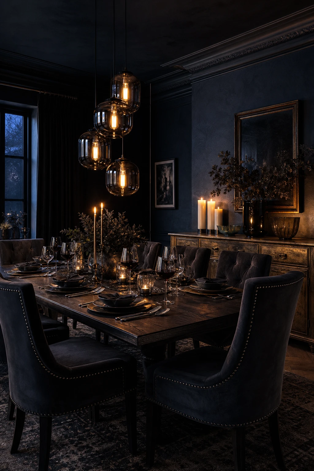Moody navy blue dining room with deep wall colour, candlelight, dark timber table, upholstered chairs and dramatic pendant lighting creating intimate atmosphere
