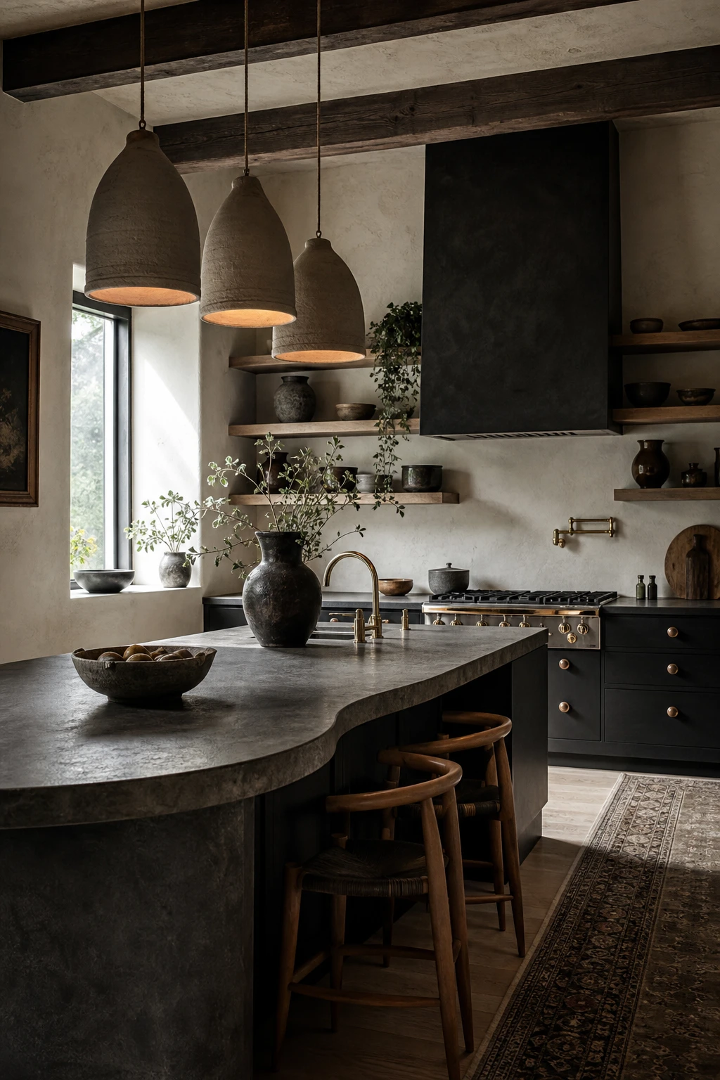 Moody organic modern kitchen with matte black cabinetry, natural wood open shelving, gray stone countertops, and warm white walls in a black white gray natural wood interior