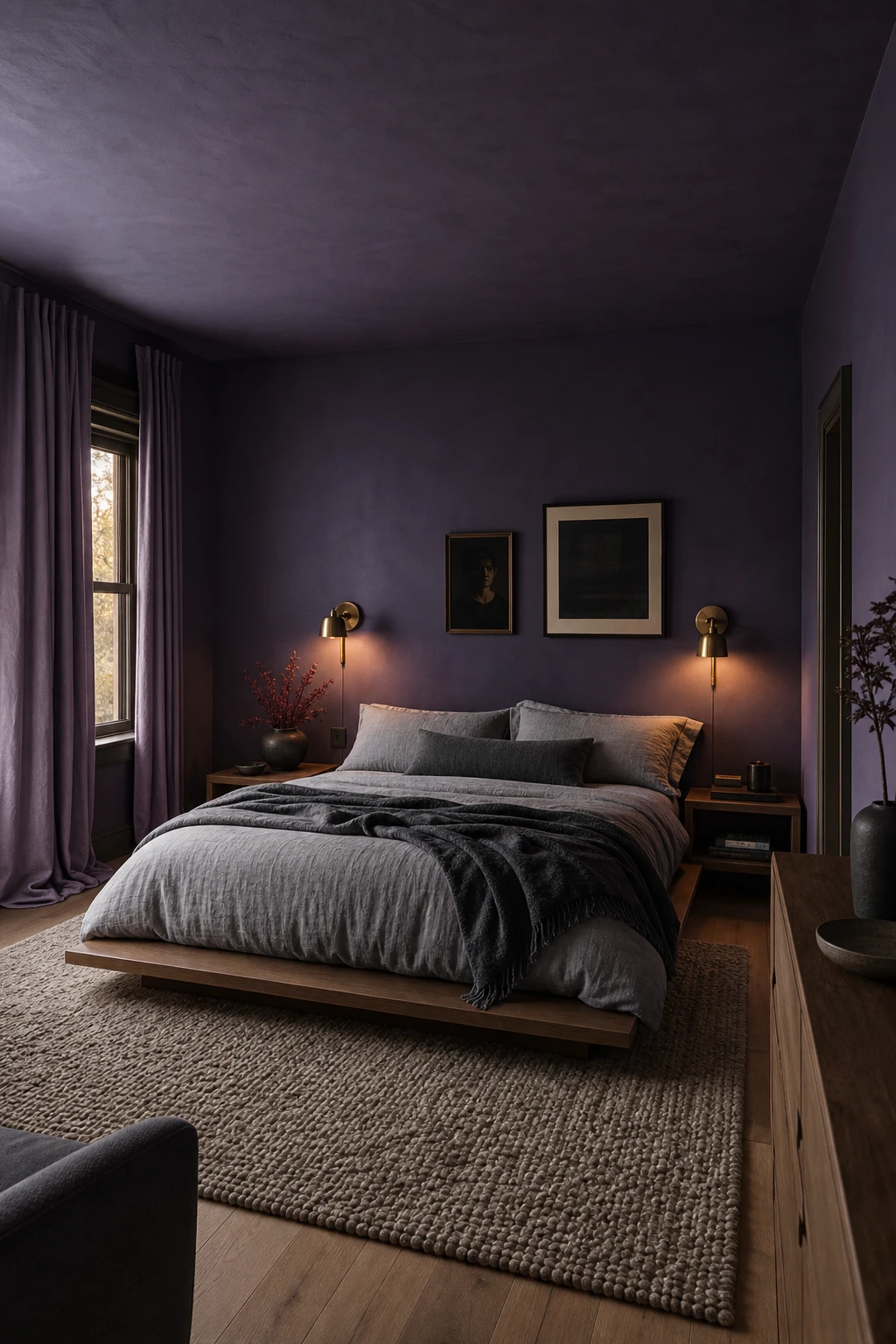 Moody purple and gray bedroom with dark purple walls, low platform bed, linen bedding, brass sconces, and layered wool throws in warm evening light