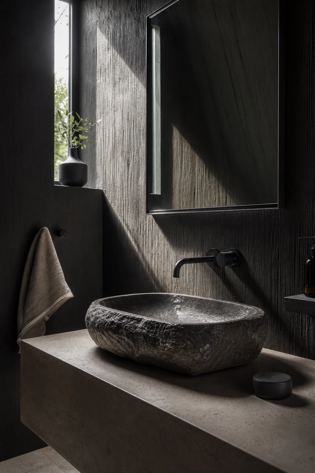 Moody small bathroom with dark minimalist design featuring Farrow and Ball Beetle Black walls, stone basin, black fixtures and soft natural light