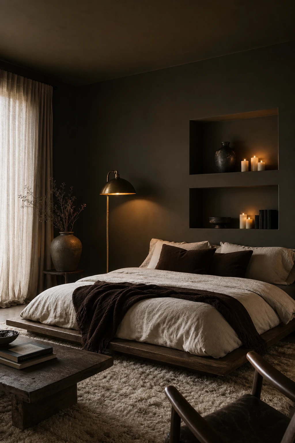 Moody white and brown bedroom with dark sophisticated atmosphere, deep brown walls, layered textiles, and dramatic lighting creating an enveloping retreat