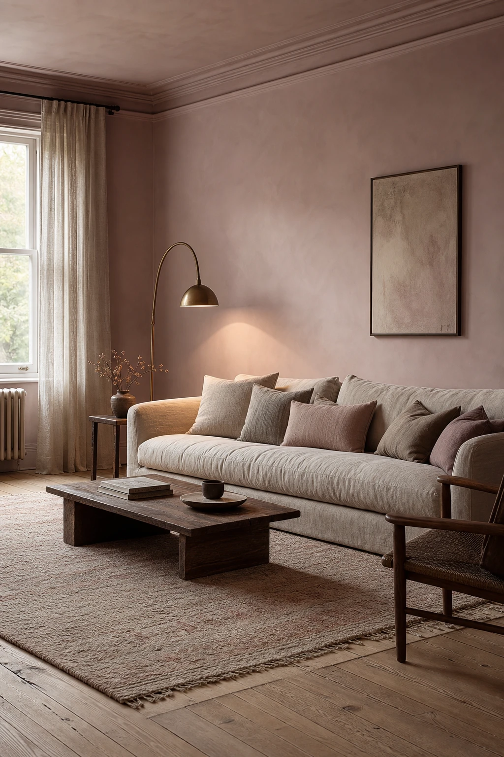 Muted dusty pink living room with soft grey undertones, linen sofa, aged brass floor lamp, and Farrow and Ball Peignoir painted walls in warm afternoon light