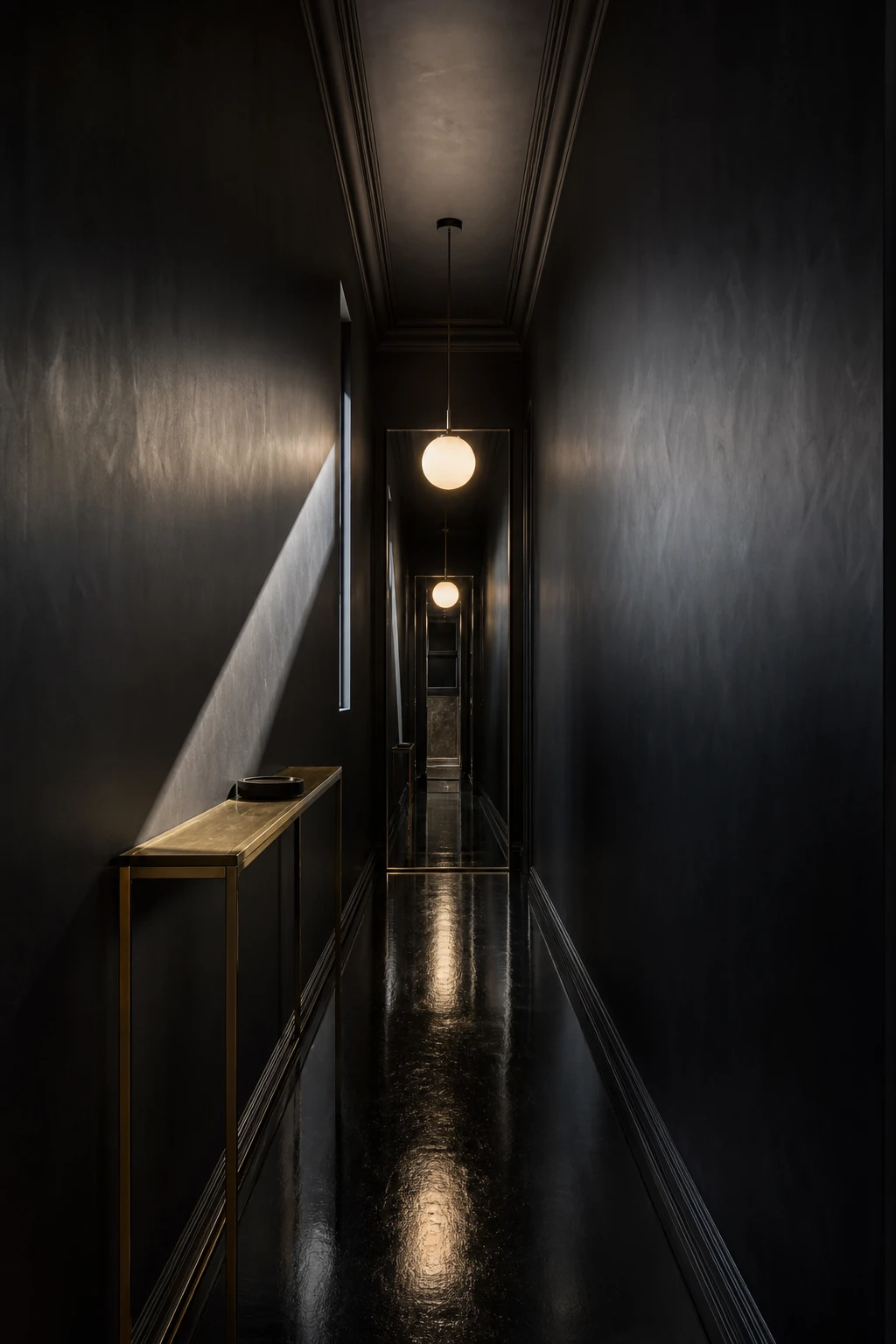 Narrow black hallway with sleek proportions, glossy floor runner, slim console table, and single pendant light creating a dramatic tunnel effect