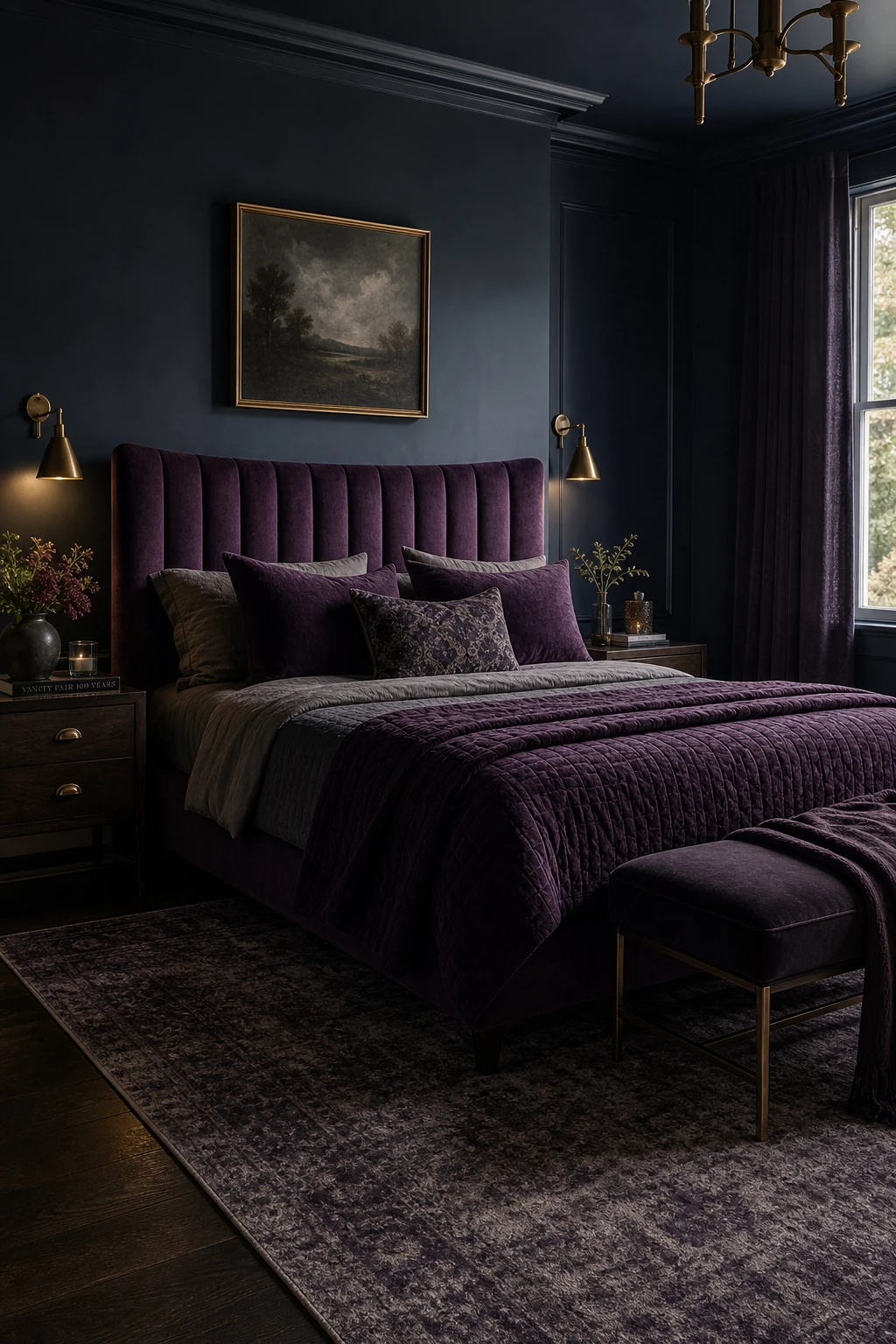 Navy and purple bedroom with Farrow and Ball Hague Blue feature wall, deep violet bedding, brass sconces, dark wood floor and layered textured cushions