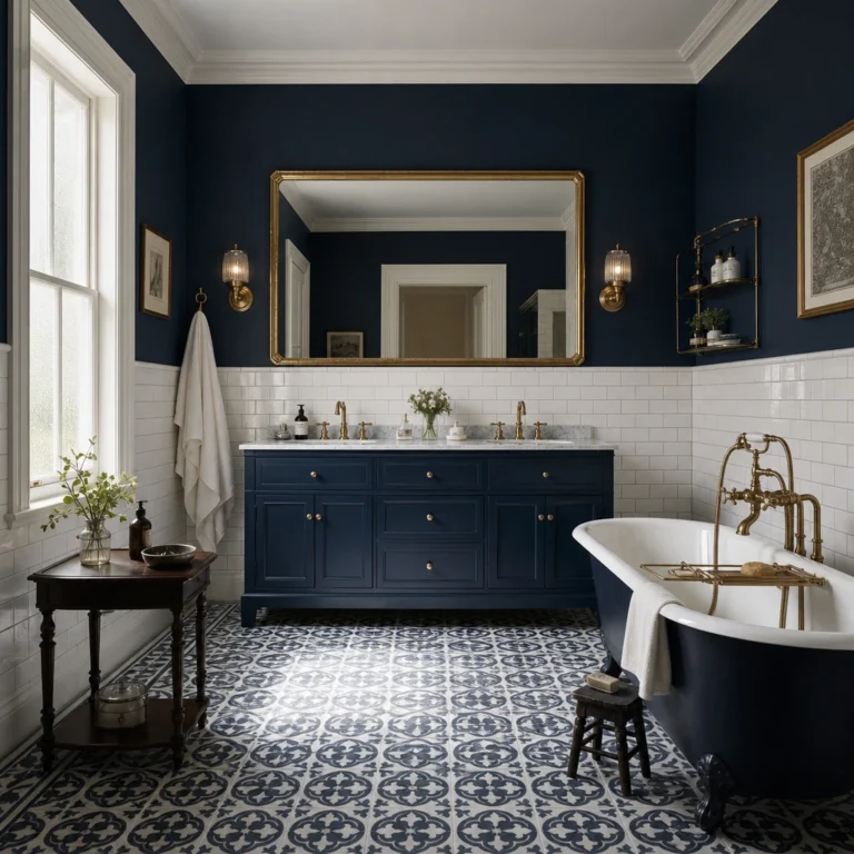 Navy and white bathroom with painted navy double vanity, white subway tile wainscoting, patterned cement tile floor, freestanding roll top tub, and antique brass fixtures in soft morning light.