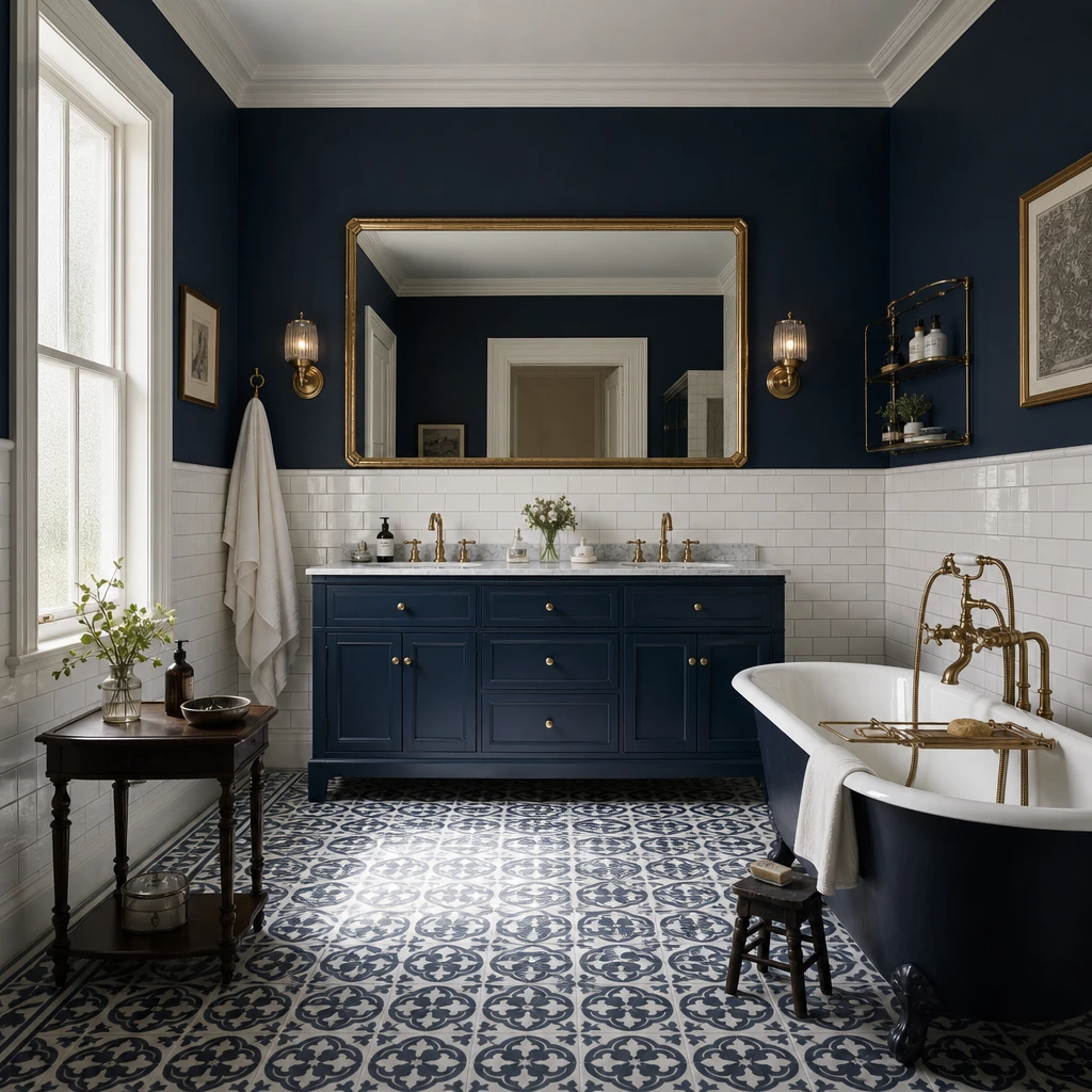 Navy and white bathroom with painted navy double vanity, white subway tile wainscoting, patterned cement tile floor, freestanding roll top tub, and antique brass fixtures in soft morning light.