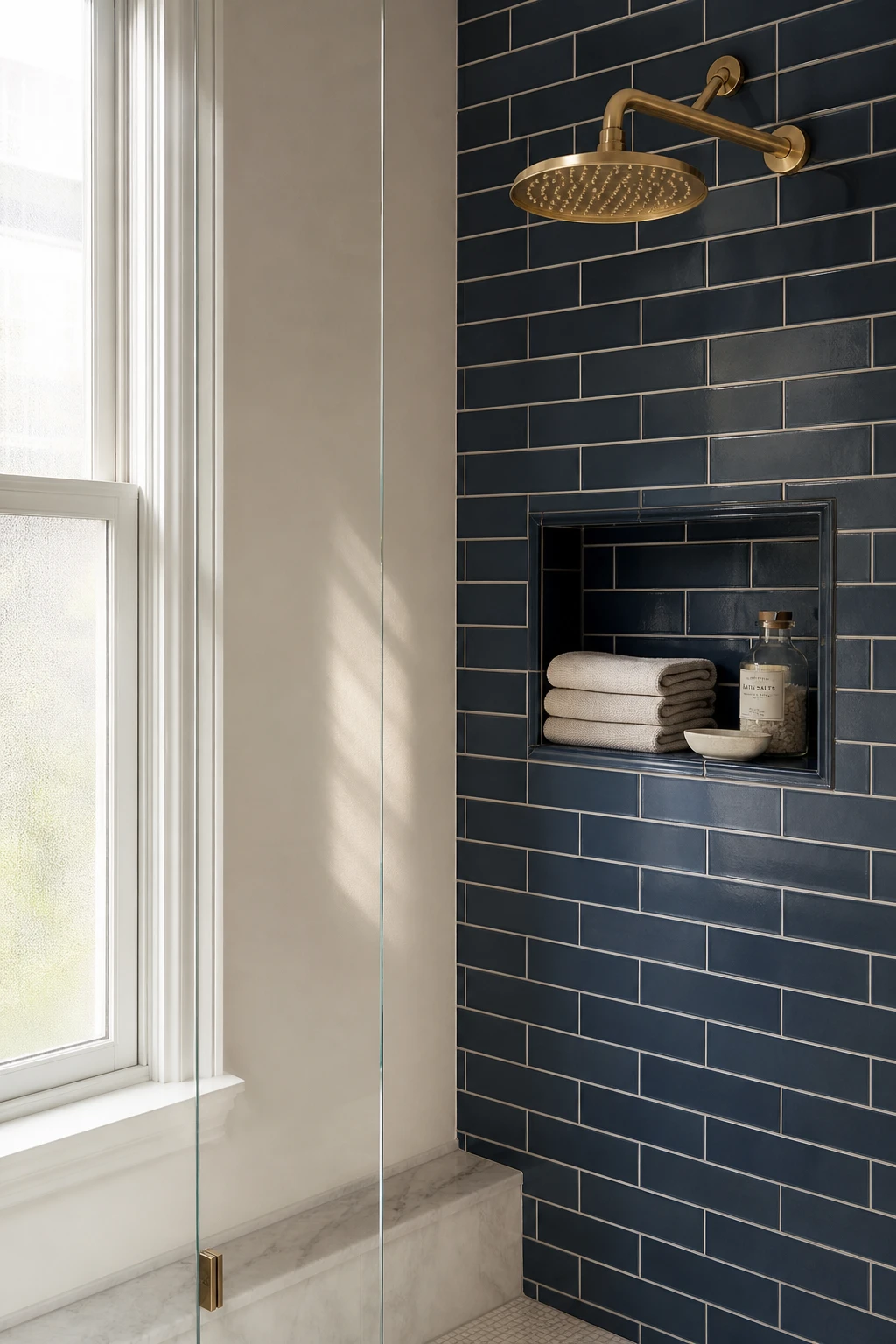 Navy and white bathroom shower niche lined with subway tiles and Farrow and Ball Shadow White paint, styled with folded towels and glass bottles in soft morning light
