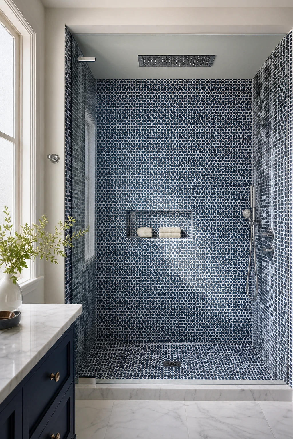 Navy and white bathroom shower with mosaic tile as hero feature, white grout, chrome fixtures, subway walls, and Farrow and Ball House White painted ceiling