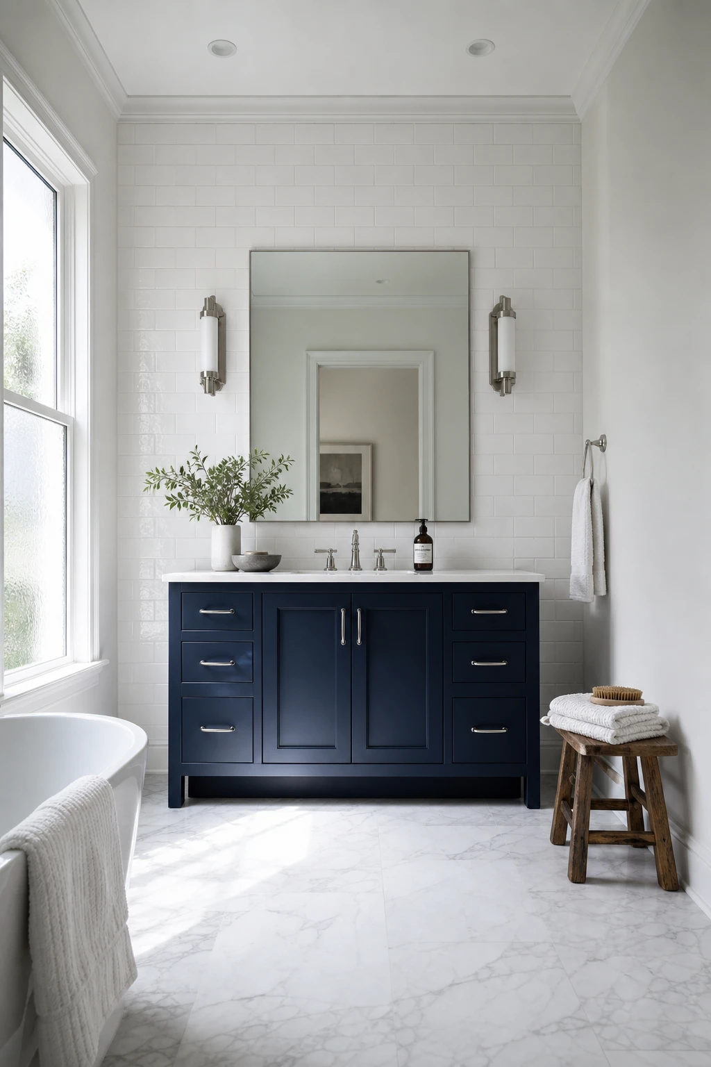 Navy and white bathroom with a blue vanity as the focal point, white walls and subway tile surround, polished nickel fixtures, natural morning light