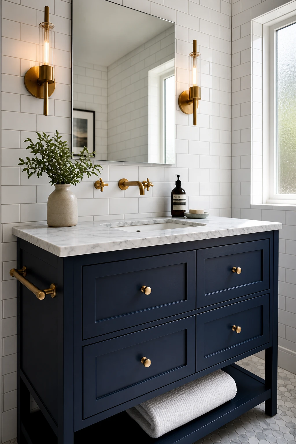 Navy and white bathroom with a Farrow and Ball Pitch Blue painted vanity as the focal point, white subway tiles, brass fixtures, and marble countertop