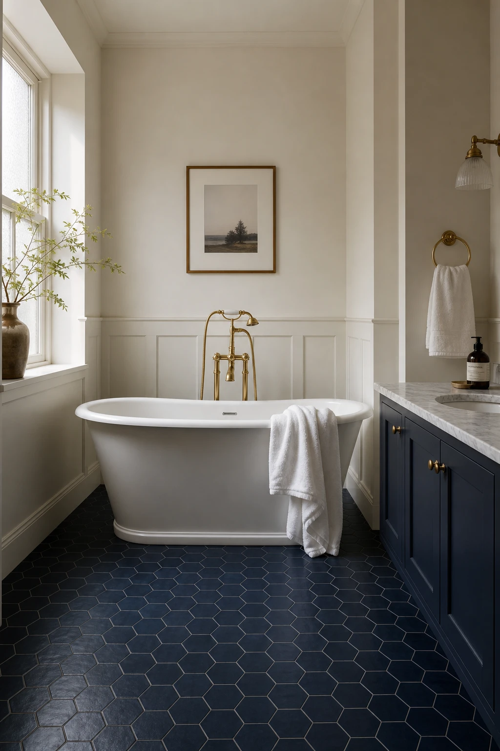 Navy and white bathroom with a freestanding tub as the centrepiece, white walls, navy floor tiles, brass fixtures, and natural light from a frosted window