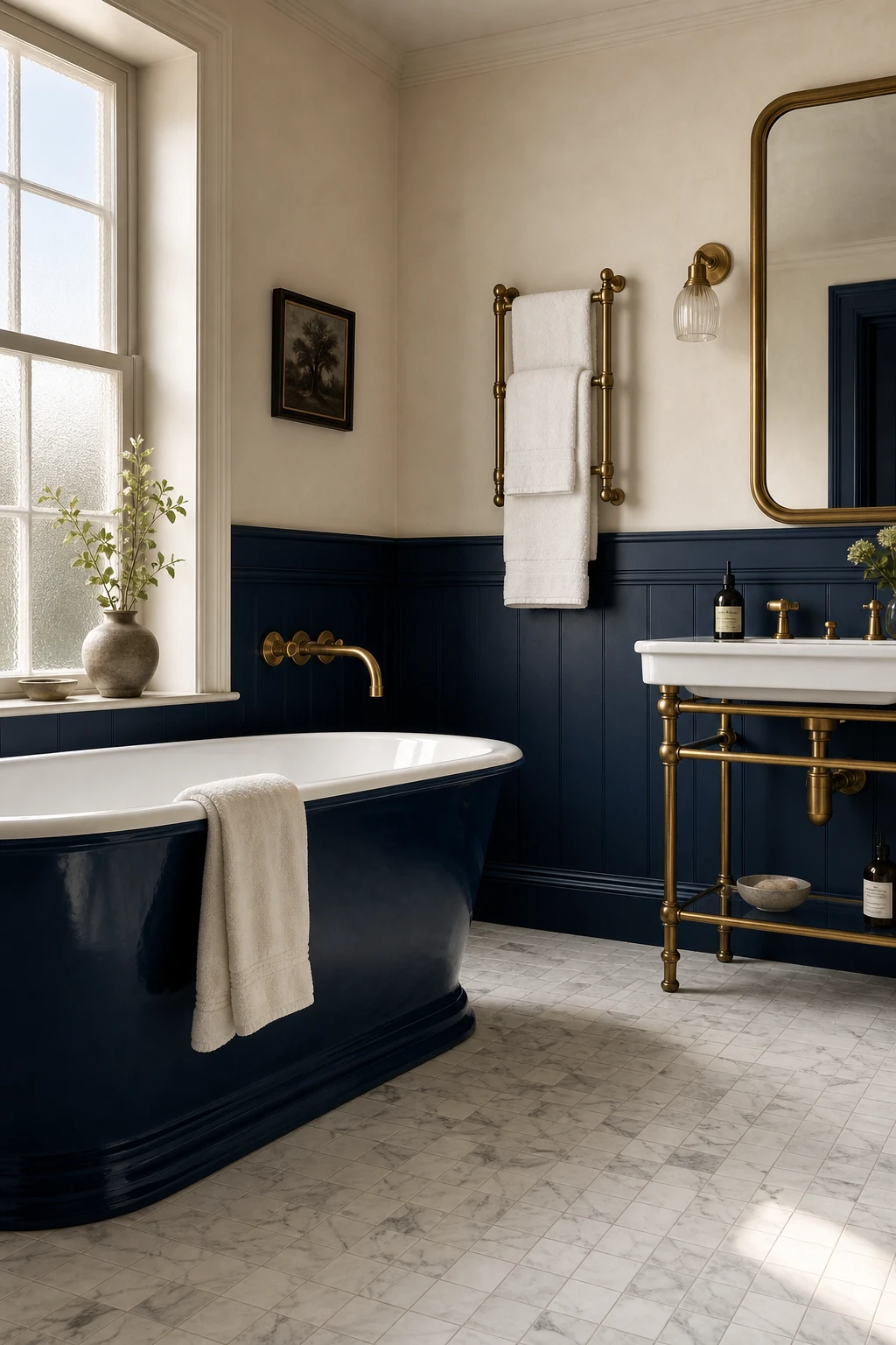 Navy and white bathroom with blue and brass fixtures as hero, warm white Clunch painted walls, brass fittings, white subway tiles, and natural morning light