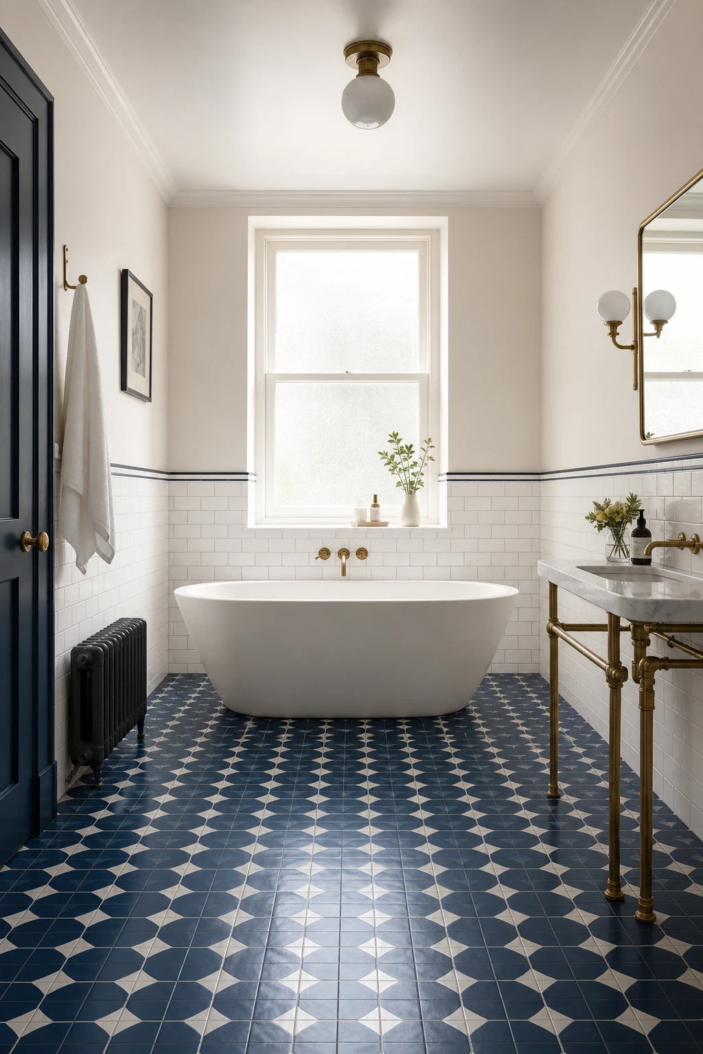 Navy and white bathroom with bold navy floor tile as the hero, white walls painted New White, freestanding tub, and brass fixtures in warm natural light