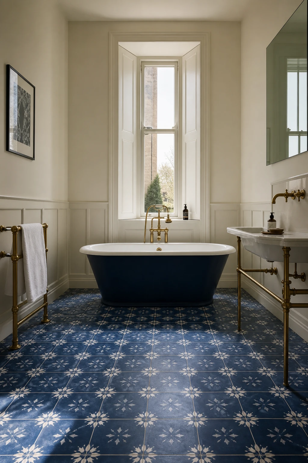 Navy and white bathroom with deep blue encaustic tile floor, white walls in Farrow and Ball Off White, freestanding tub, brass fixtures and natural light from a tall window
