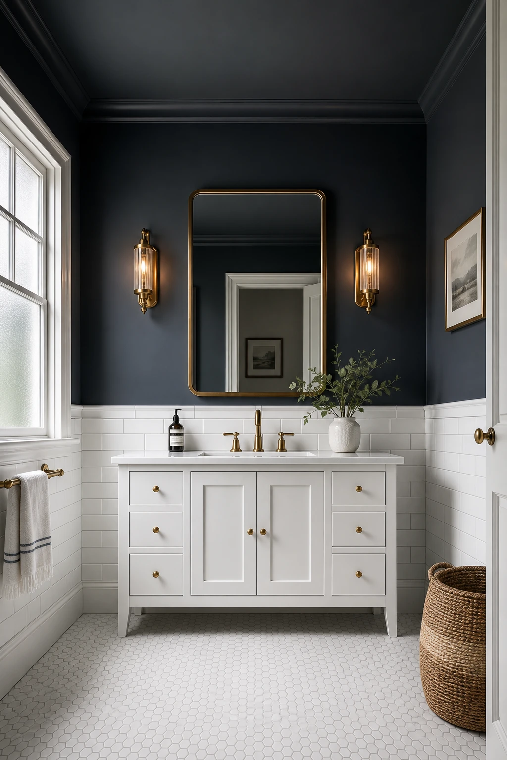 Navy and white bathroom with deep navy walls framing a white vanity, white subway tiles, brass fixtures, and natural light from a frosted window