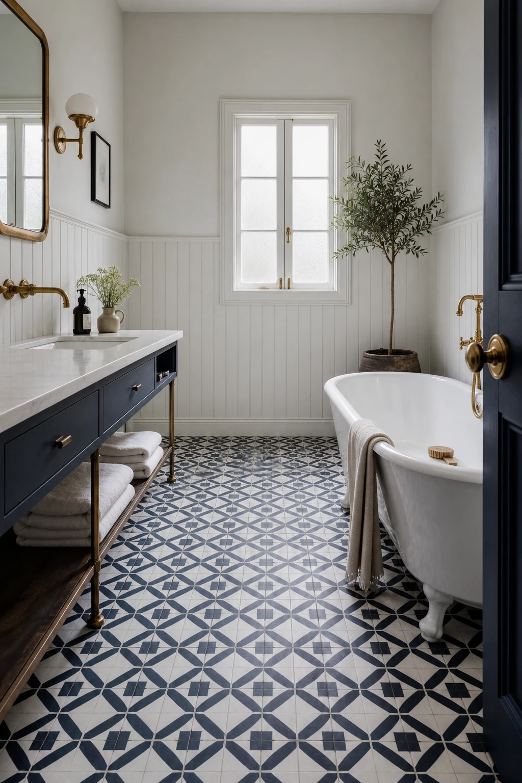 Navy and white bathroom with geometric cement tile floor as hero, shiplap walls in Great White paint, freestanding tub, brass fixtures, and natural morning light