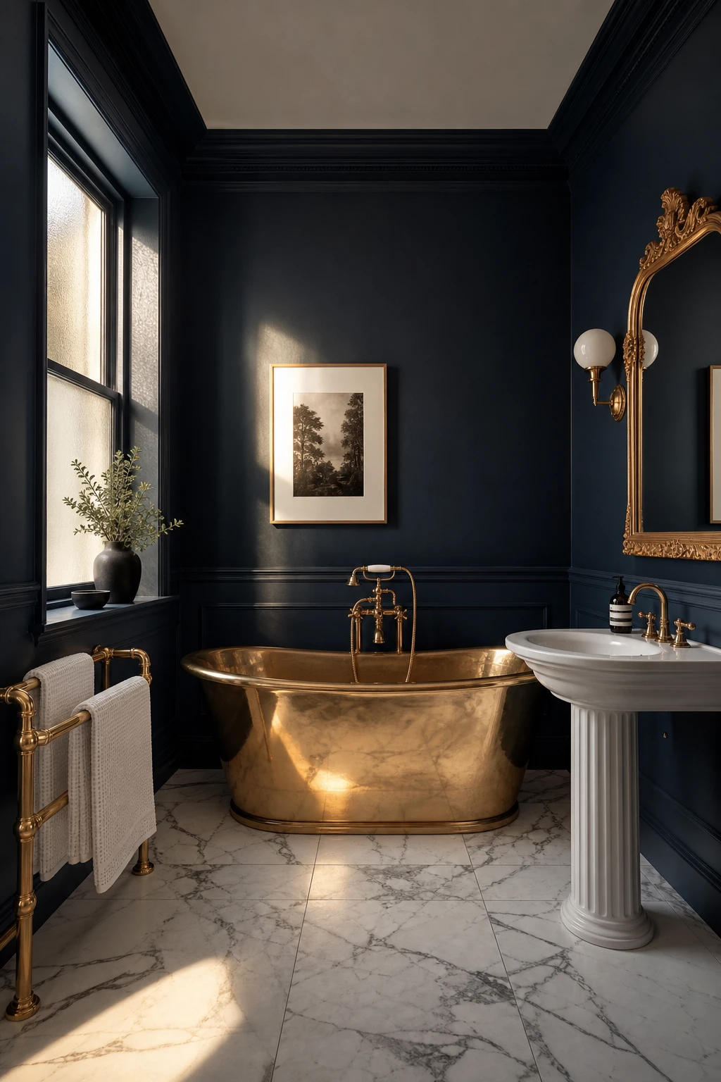 Navy and white bathroom with gold fixtures and Black Blue painted walls, featuring a freestanding tub, brass fittings, and marble floor tiles