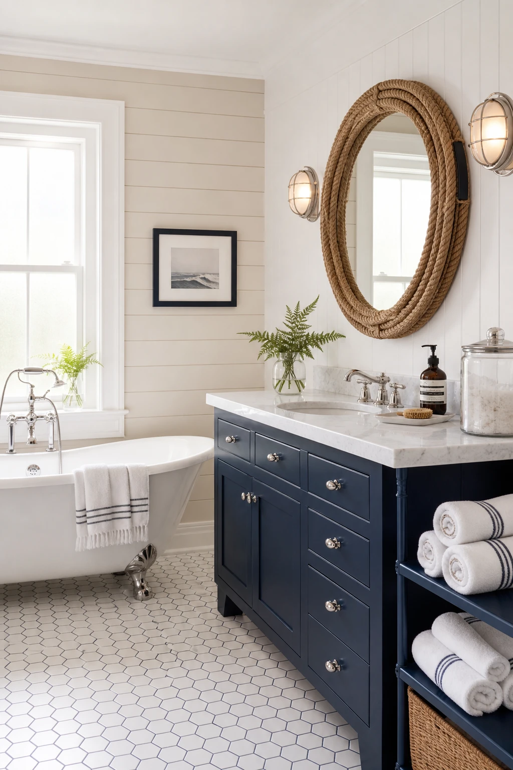 Navy and white bathroom with nautical theme featuring rope mirror, porthole accents, shiplap walls in warm white and navy fittings, soft morning light