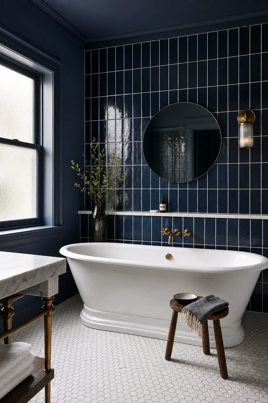 Navy and white bathroom with navy blue tiles covering a full wall, white grout, white freestanding tub, and Farrow and Ball Sloe Blue painted trim