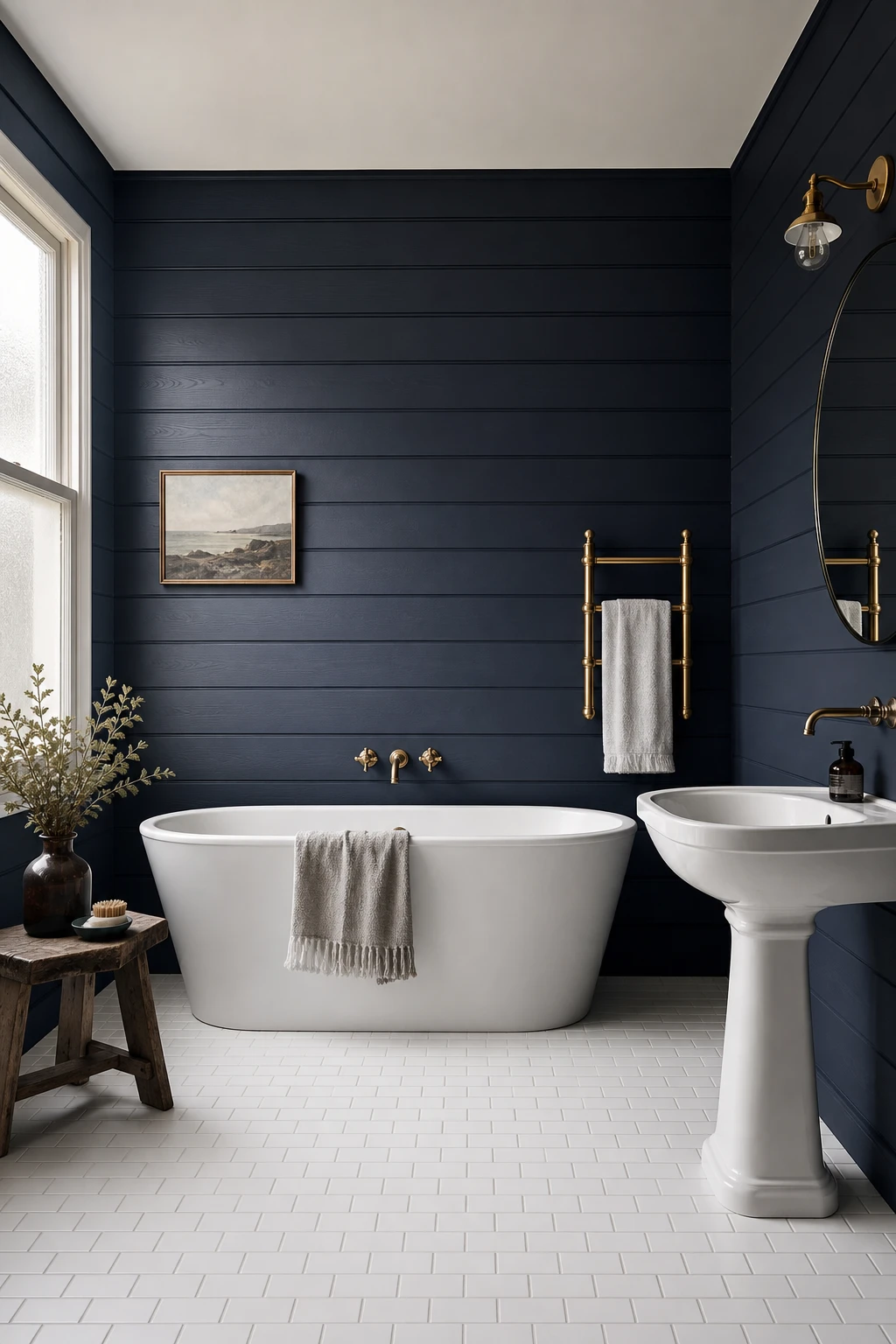 Navy and white bathroom with navy shiplap walls painted Farrow and Ball Stiffkey Blue, white freestanding tub, brass fixtures and white tile floor