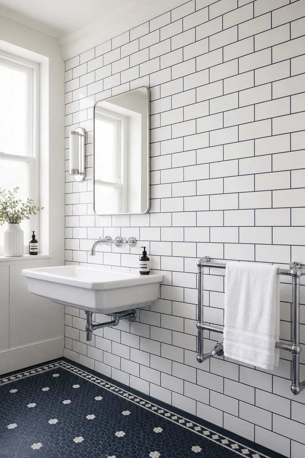 Navy and white bathroom with subway tile walls in white, dark navy grout lines, Strong White painted ceiling, chrome fixtures and hexagonal floor tiles