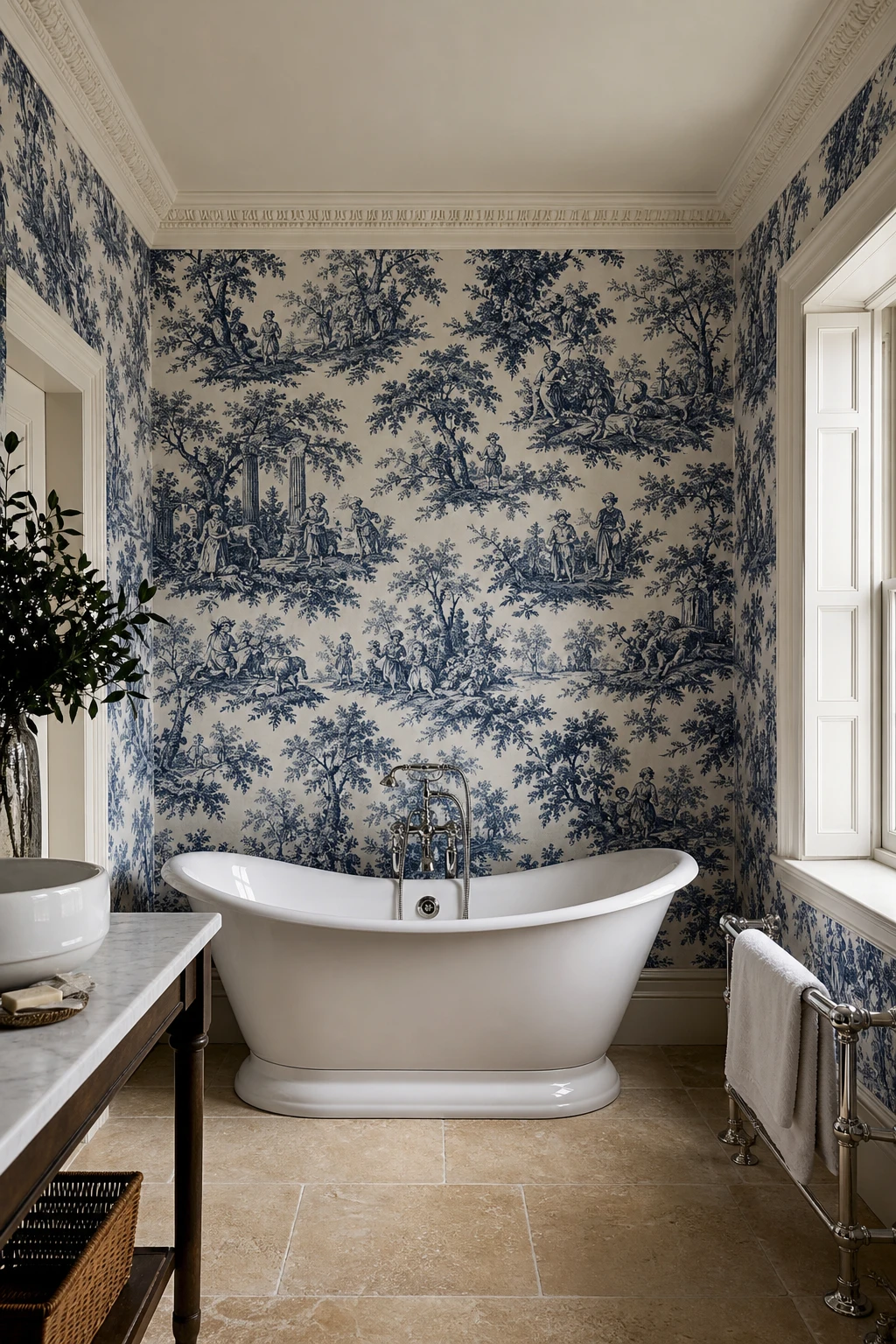Navy and white bathroom with toile wallpaper covering all four walls, freestanding tub, and Farrow and Ball Lime White painted trim under warm morning light