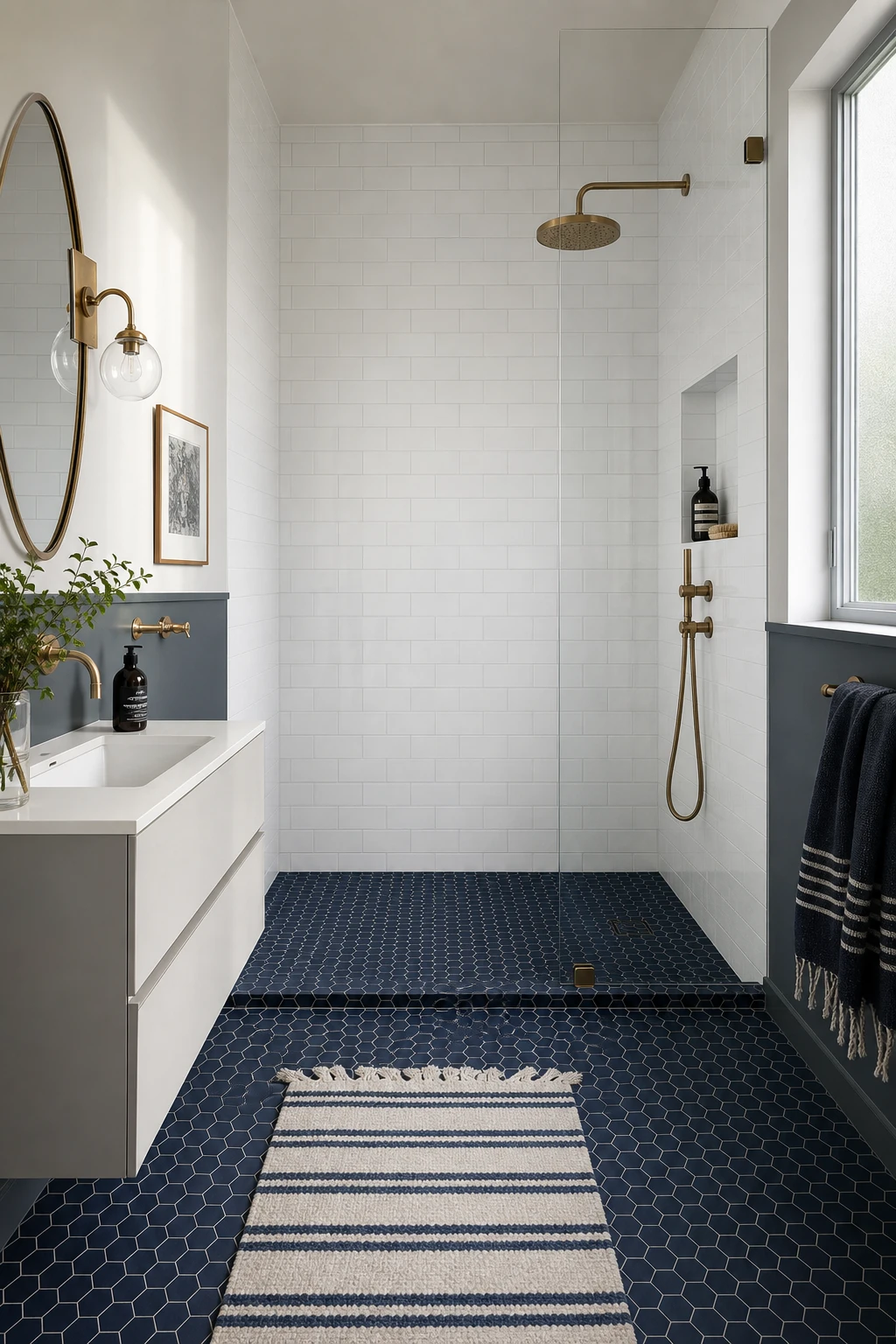 Navy and white bathroom with white shower surround above a deep blue hex tile floor, white subway walls, brass fixtures, and Farrow and Ball Salt painted lower walls