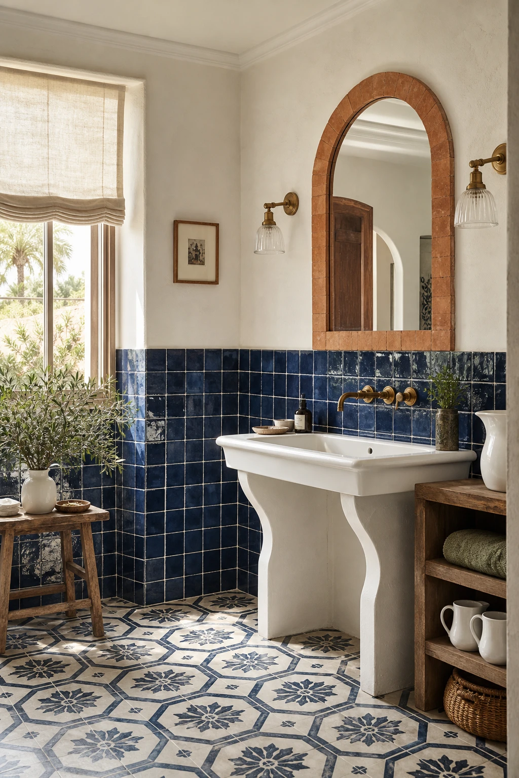Navy and white Mediterranean bathroom with mosaic tile floor, arched mirror, terracotta accents and warm white walls painted Farrow and Ball Blanc De Treillage