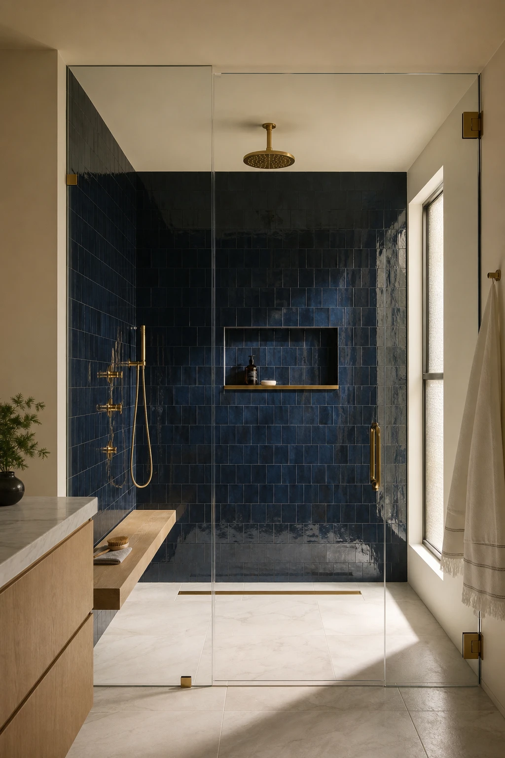 Navy and white shower only bathroom with Farrow and Ball Pointing walls, frameless glass enclosure, navy zellige tiles and warm morning light