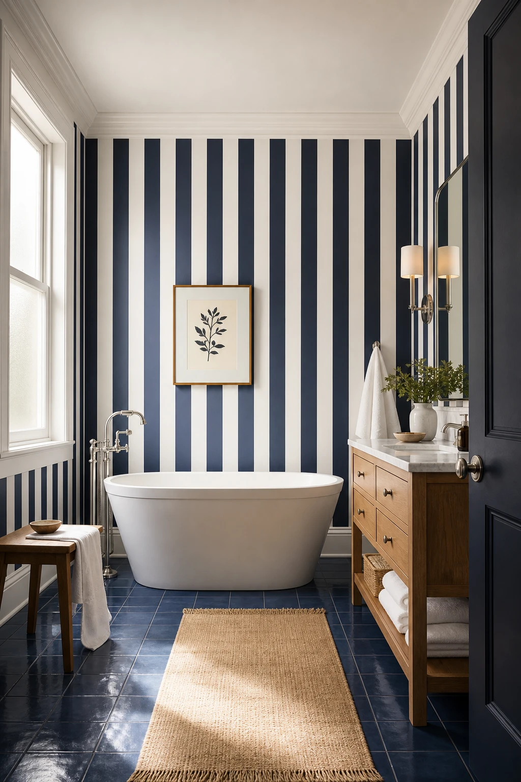 Navy and white striped wallpaper bathroom with bold vertical stripes, freestanding tub, and Farrow & Ball James White trim in warm morning light