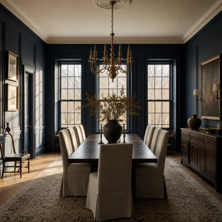 Navy blue dining room with dark panelled walls, a dark walnut dining table, brass chandelier, linen upholstered chairs, and warm late afternoon light raking across the painted surfaces.