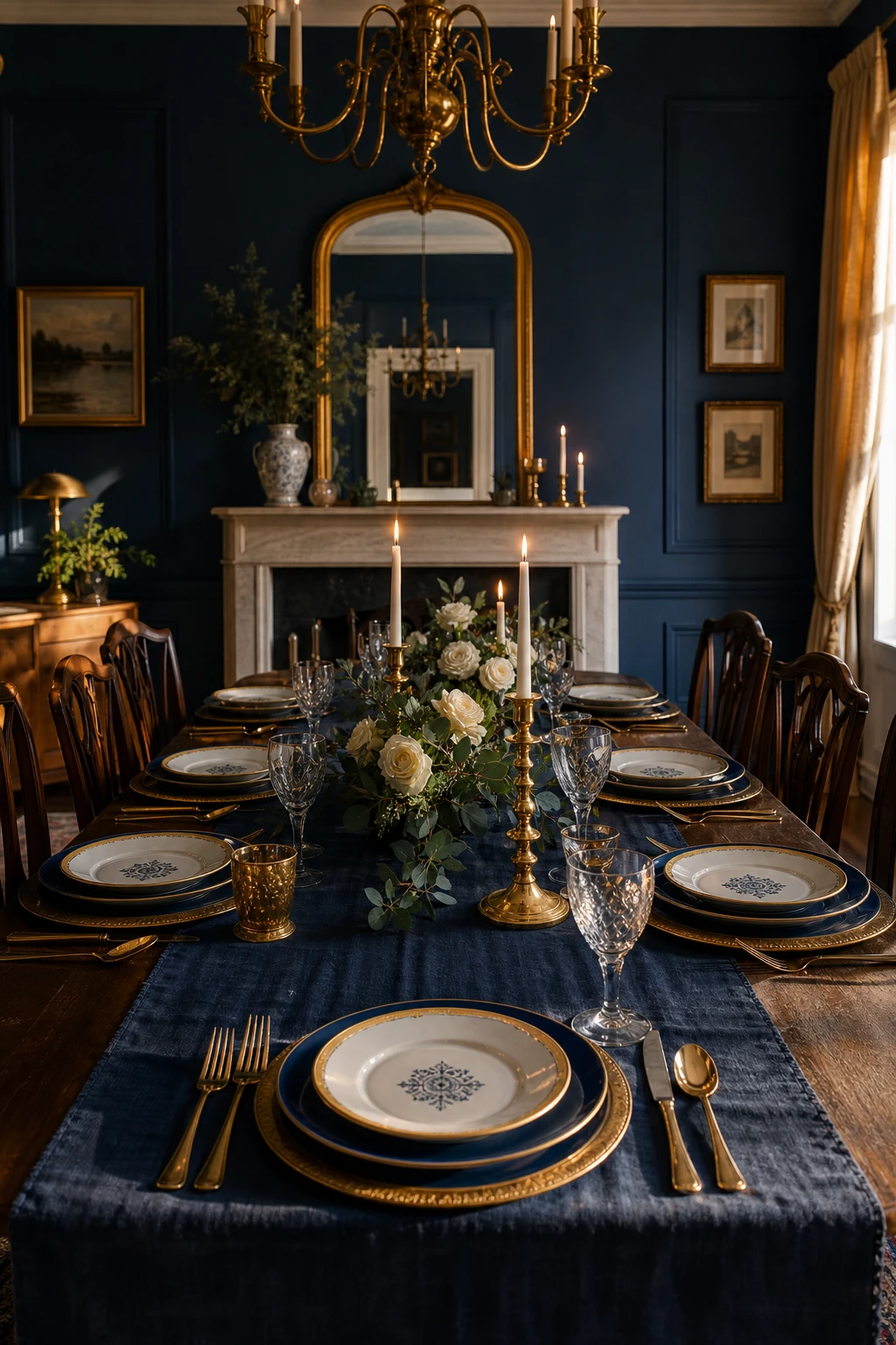 Navy blue dining room with a blue and gold table setting as the hero, featuring gilded candlesticks, gold rimmed plates, linen napkins, and deep blue walls painted in Farrow and Ball Chinese Blue