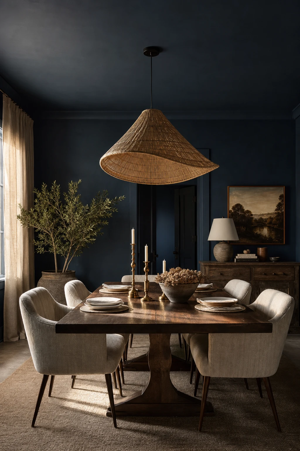 Navy blue dining room with a colour drenched blue ceiling painted in Farrow and Ball Selvedge, dramatic pendant light, dark wood table and upholstered chairs