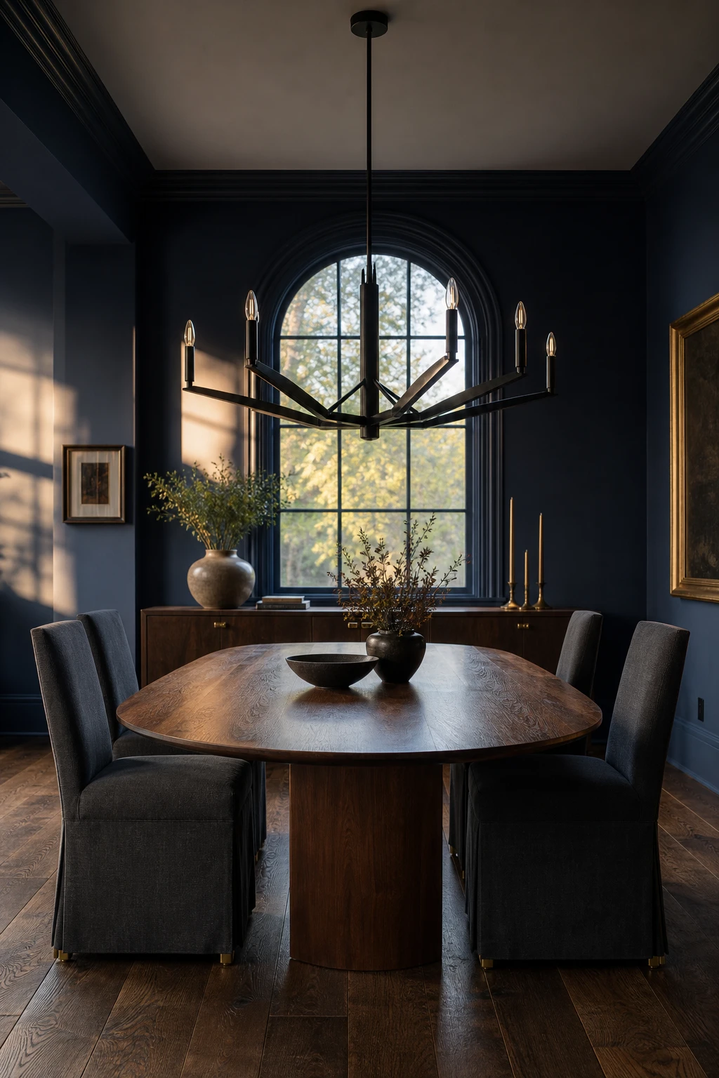Navy blue dining room with a dramatic black chandelier as the hero, dark hardwood floors, a long oval table, upholstered chairs, and Farrow and Ball Sloe Blue walls