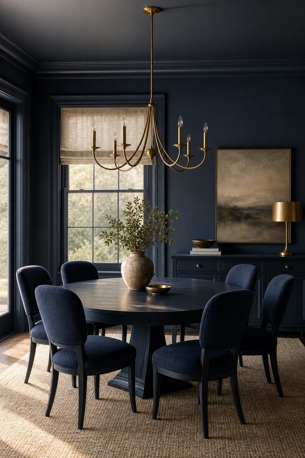 Navy blue dining room with a matched dining set as the hero, upholstered chairs and oval table in deep navy, warm evening light, Farrow and Ball Bothy Blue walls