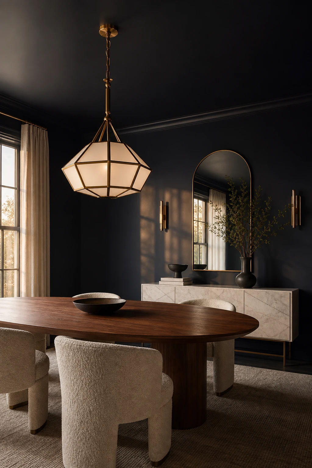 Navy blue dining room with a modern geometric pendant light as hero, long dining table, upholstered chairs, and Farrow and Ball Wine Dark walls