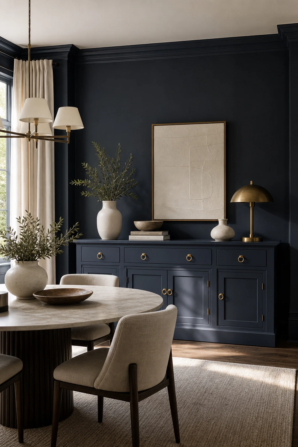 Navy blue dining room with a painted navy sideboard as the hero anchor, styled with ceramics, brass hardware, and linen drapes in warm afternoon light