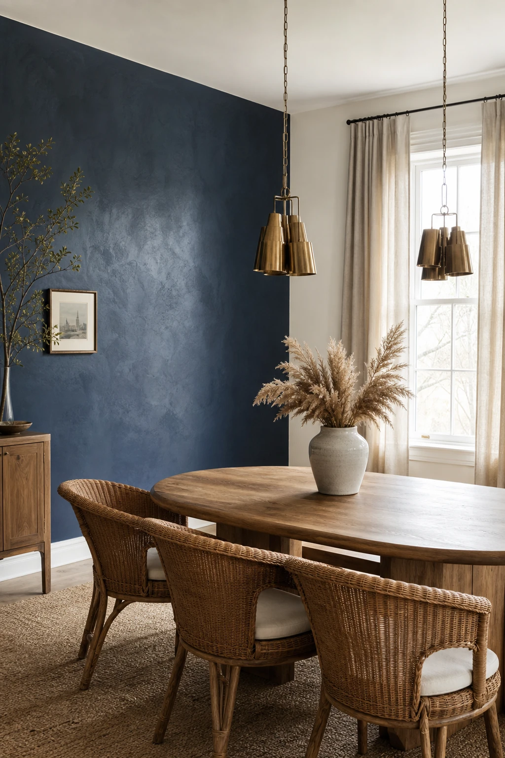 Navy blue dining room with a single bold accent wall painted in deep blue behind a timber dining table, styled with rattan chairs, brass pendants, and linen curtains