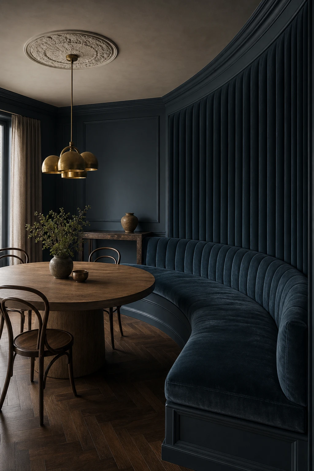 Navy blue dining room with an upholstered banquette in deep teal velvet, a round pedestal table, pendant light, and Farrow and Ball Blue Ground painted walls