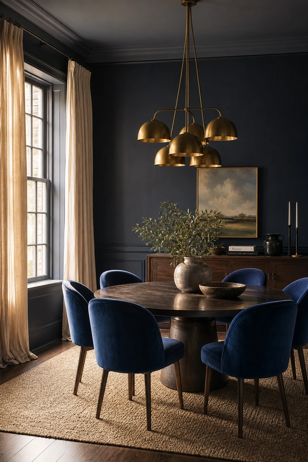 Navy blue dining room with bold blue upholstered dining chairs as the hero, round pedestal table, linen curtains and warm pendant lighting