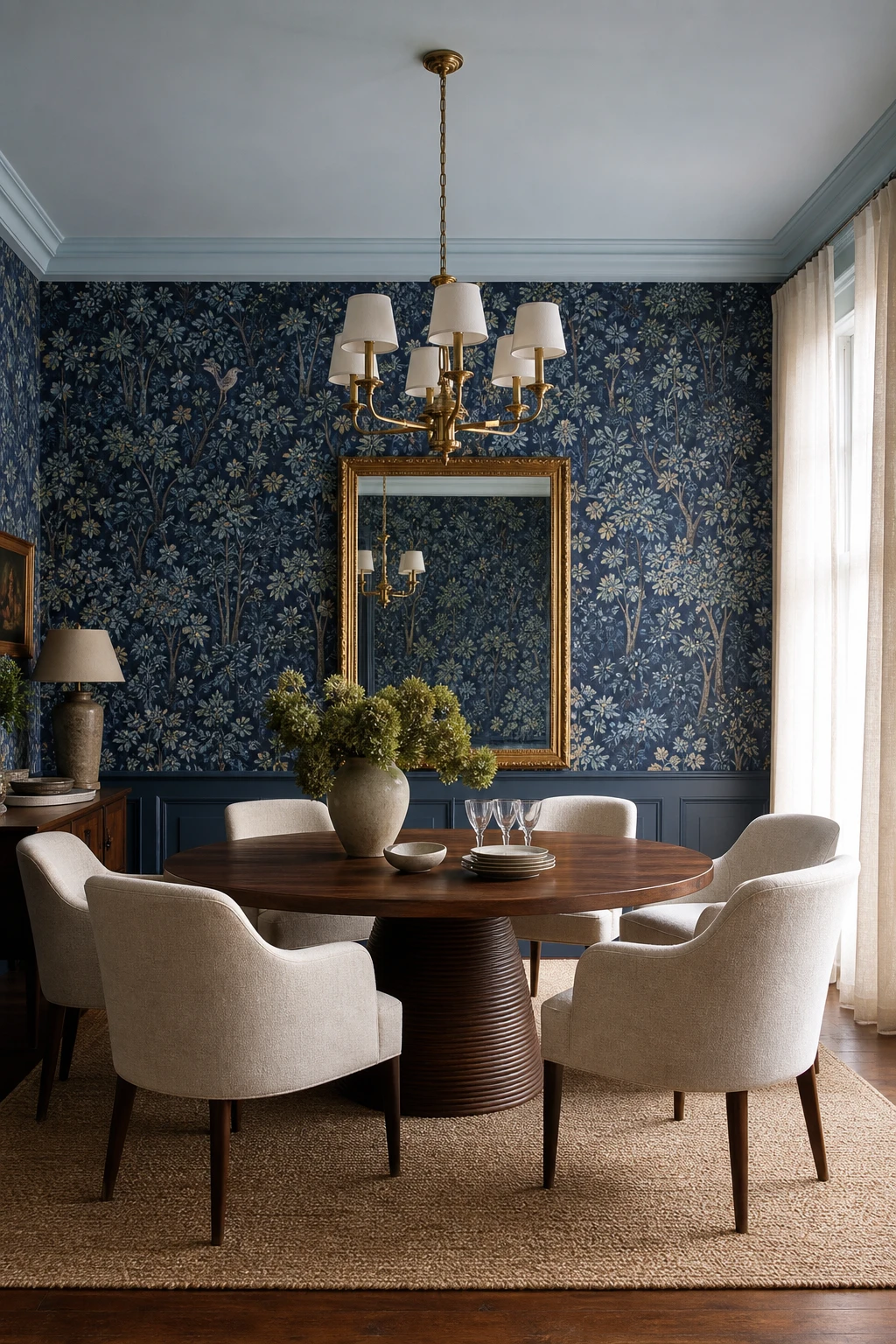 Navy blue dining room with bold blue wallpaper as hero feature, round pedestal table, linen chairs, brass chandelier and Borrowed Light painted trim