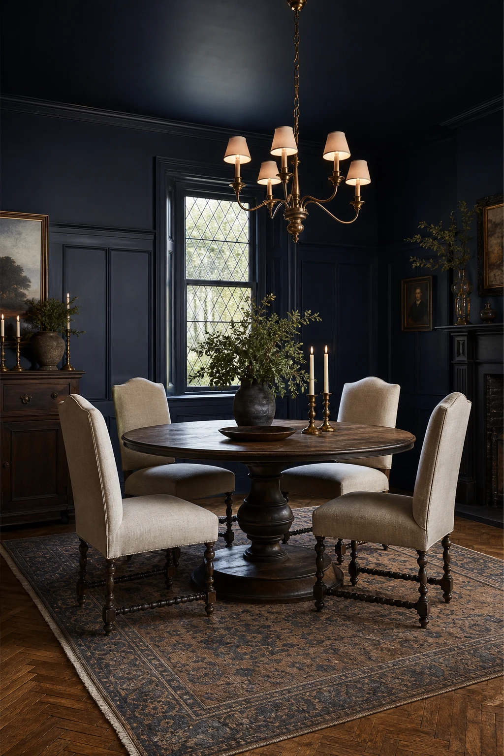 Navy blue dining room with dark blue walls, round pedestal table, upholstered chairs, brass chandelier and warm evening candlelight