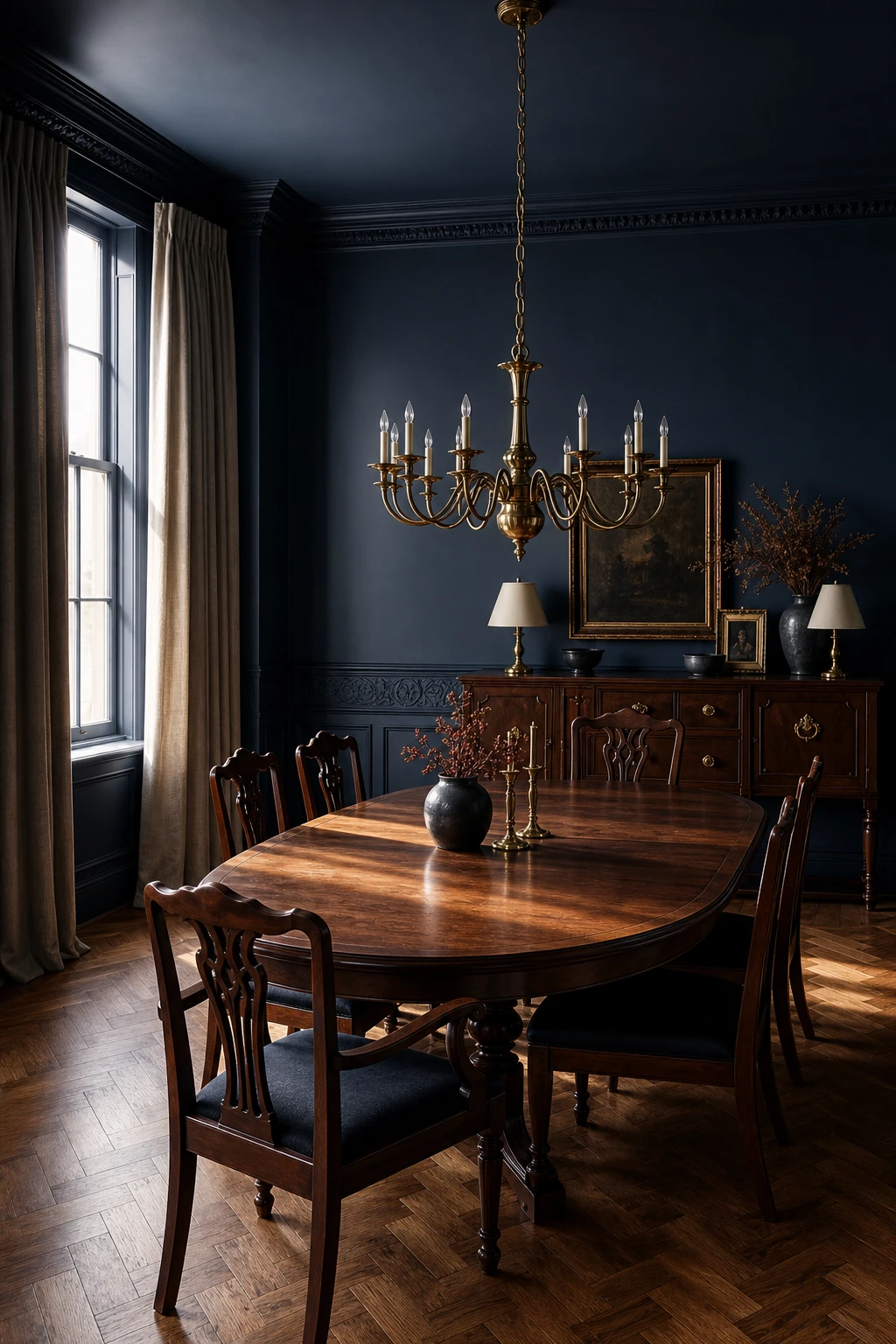 Navy blue dining room with dark walnut dining set as hero, wainscoting, brass chandelier, linen drapes, and parquet floor under warm evening light