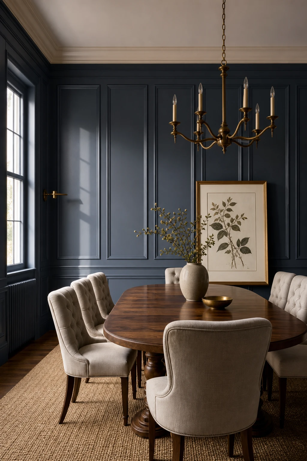 Navy blue dining room with floor to ceiling blue wall panelling painted in Farrow and Ball Berrington Blue anchoring a refined formal setting