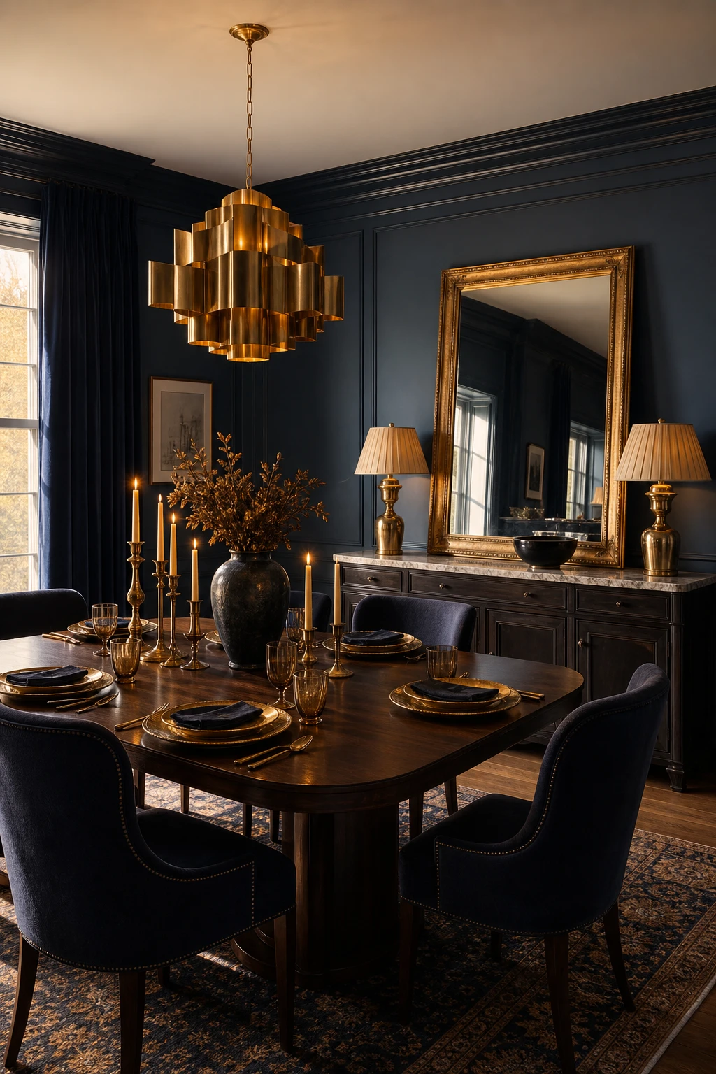 Navy blue dining room with gold accents, a brass chandelier overhead, gilded mirror, dark walls in Farrow and Ball Stiffkey Blue, and a marble topped sideboard