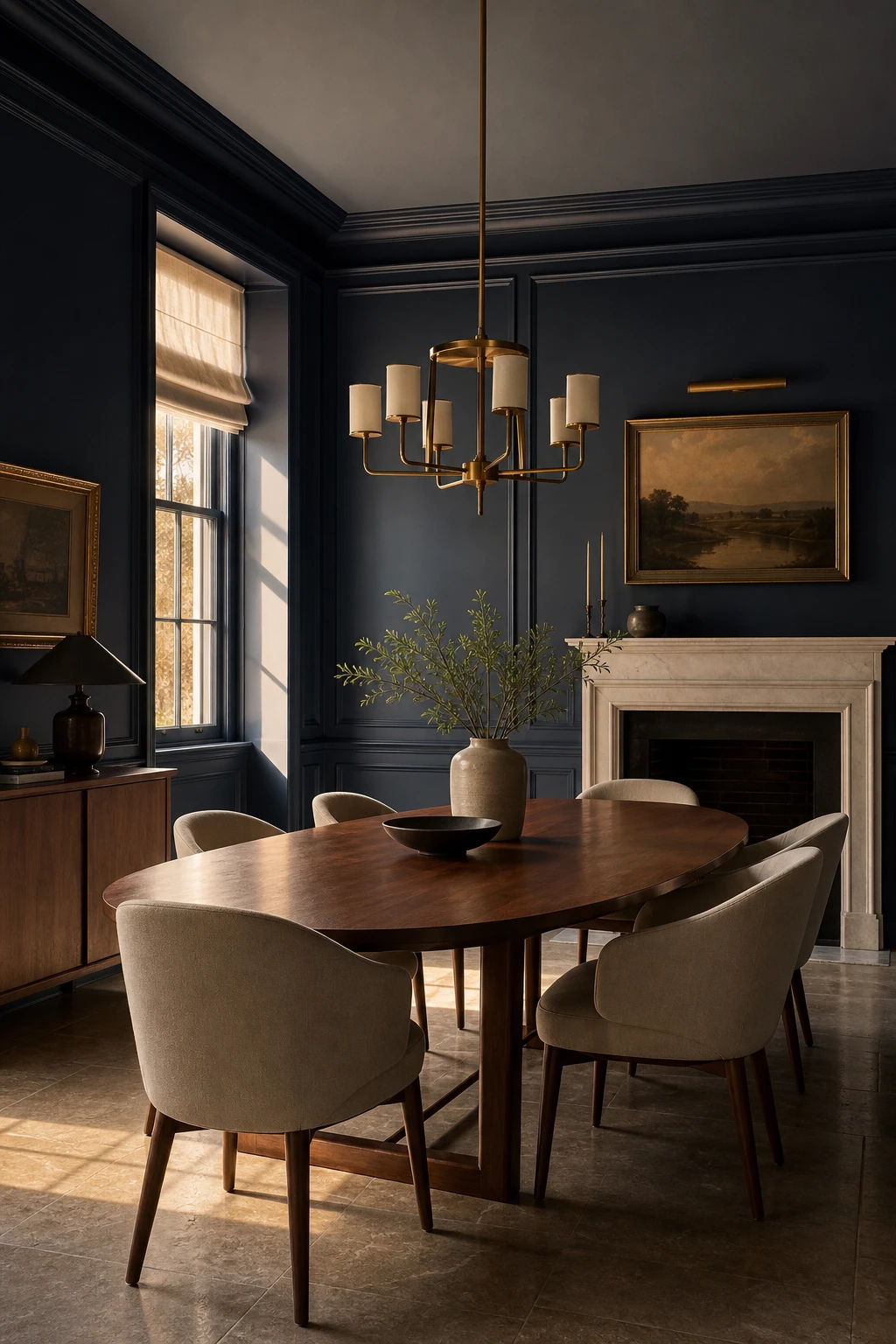 Navy blue dining room with modern traditional style, classic wall panelling, clean lined furniture, and Farrow Ball Serge painted walls in warm candlelight