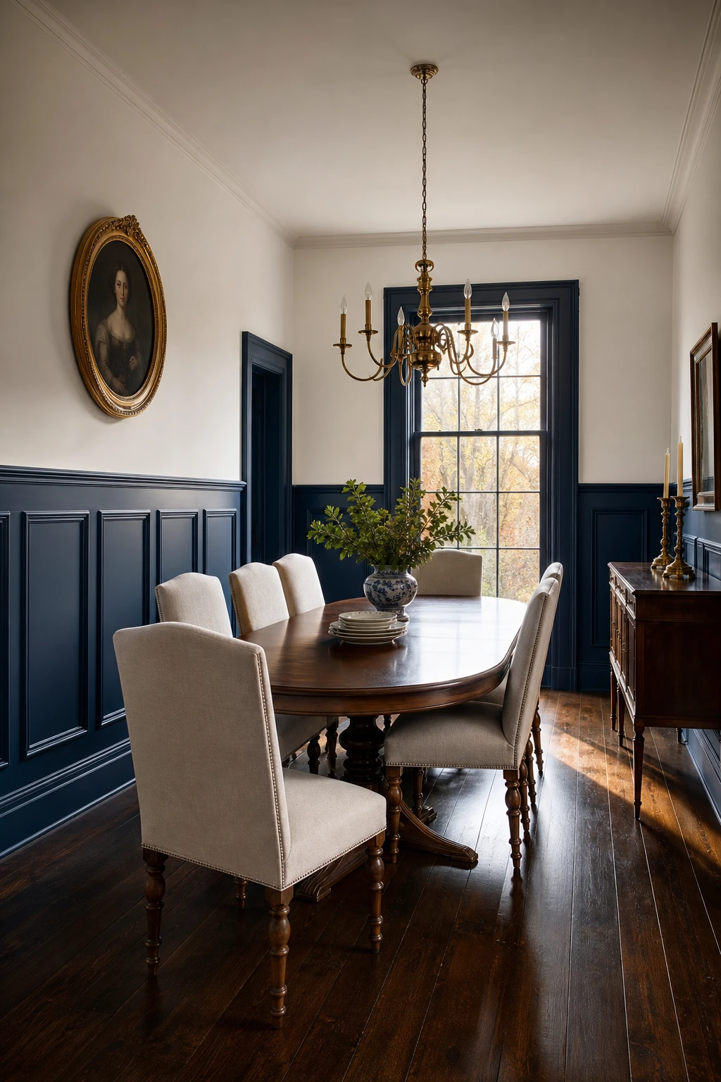 Navy blue dining room with Oval Room Blue wainscoting panels, white upper walls, oval portrait above chair rail, and candlelit brass chandelier