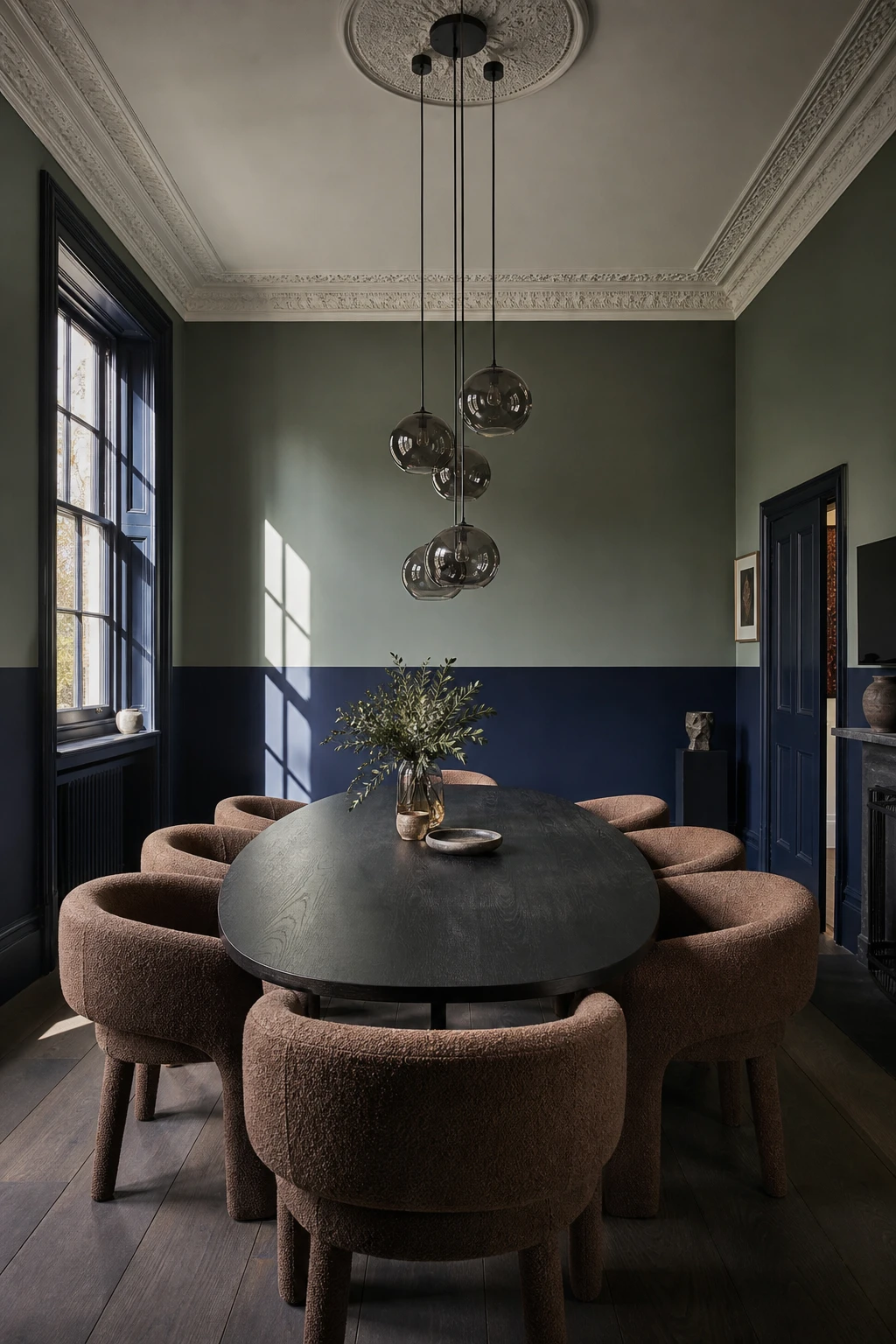Navy blue dining room with two tone walls featuring Farrow and Ball Chappell Green upper half and deep navy lower half creating a bold graphic horizontal colour block effect