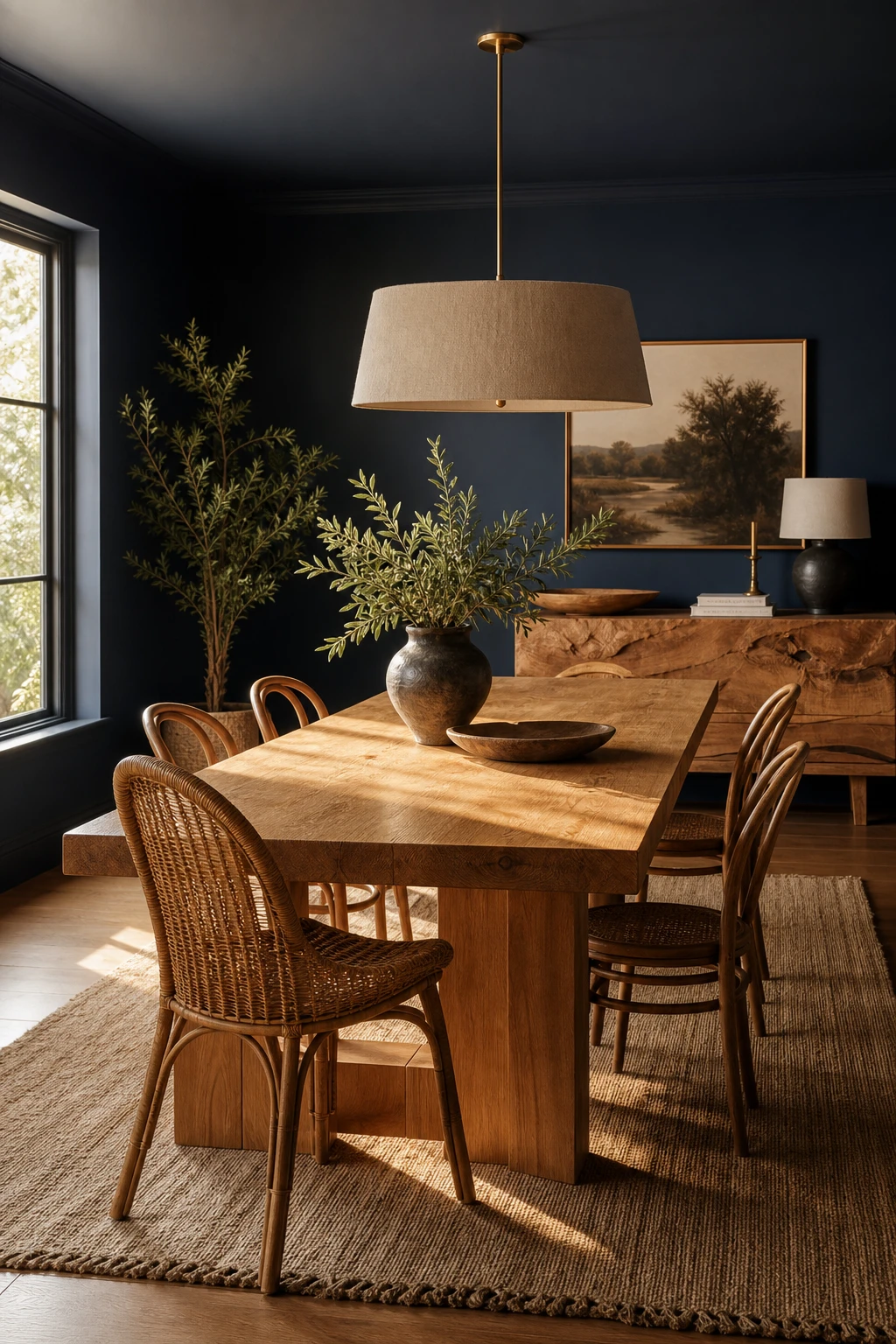 Navy blue dining room with warm wood tones, Farrow and Ball Pitch Blue walls, oak dining table, rattan chairs, and soft natural light from a side window